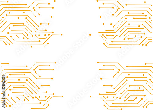 Abstract yellow circuit board pattern on white background. Futuristic digital technology design with electronic lines, connections, and network concept illustration.
