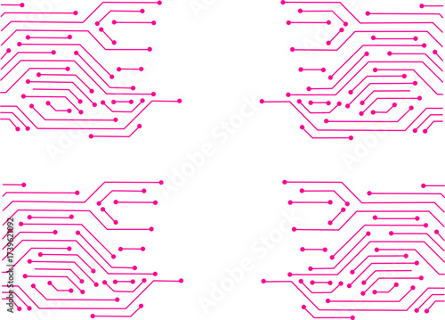 Abstract pink circuit board pattern on white background. Futuristic digital technology design with electronic lines, connections, and network concept illustration.
