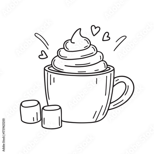Whipped cream near a cup of hot chocolate with marshmallows
