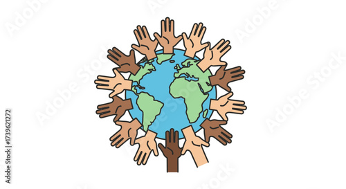 Global unity illustration showcasing diverse hands embracing the world together concept