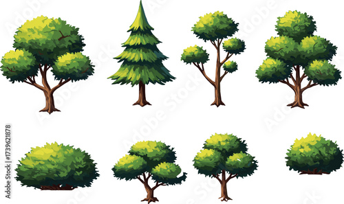 Tree illustration set, diverse foliage artwork, seasonal forest design, botanical nature drawing,