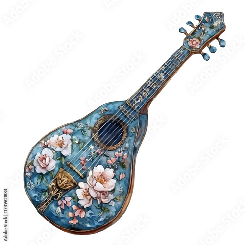 Shamisen, watercolor illustration vector, isolated on a white background.