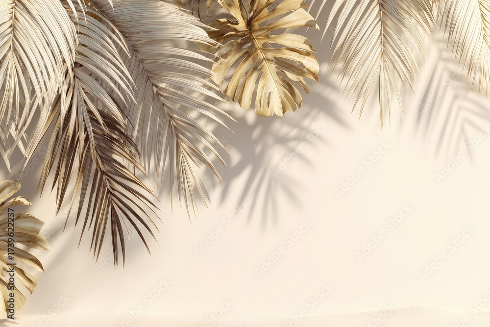 Fototapeta premium Golden and White Palm Leaves on Cream Background Decorative Arrangement with Light and Shadow