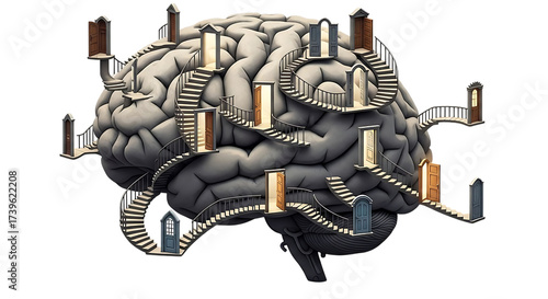 A stylized brain with spiral staircases leading to various doors on a black background art