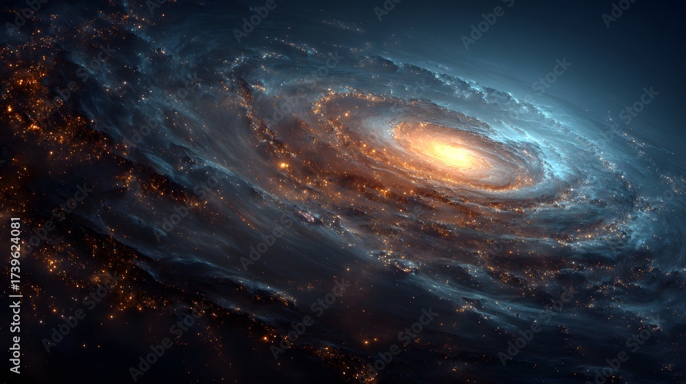 Fototapeta premium Dramatic swirling galaxy showcases a spiral design with a brilliant center, surrounded by swirling cosmic dust and glowing starlight, creating an awe-inspiring and captivating space illustration.