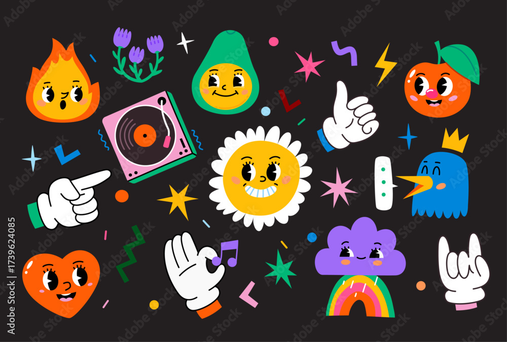 Obraz premium Retro Cartoon Elements and Characters Set, Vector Pack