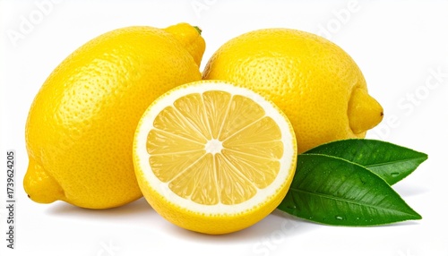 Describe a bright yellow lemon with textured skin and green stem nub on a white background. Highlight its fresh appearance, glossy surface, and relevance to health, flavor, and culinary use.