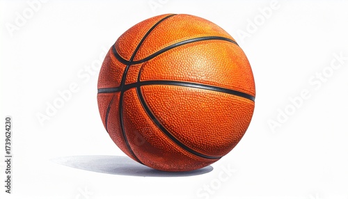 Describe an orange basketball with black lines and textured surface on a white background. Highlight its grip, classic design, and relevance to sports, fitness, and athletic branding.