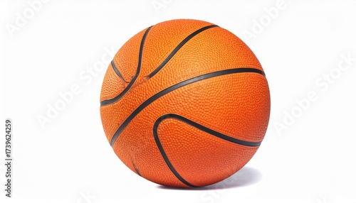 Describe an orange basketball with black lines and textured surface on a white background. Highlight its grip, classic design, and relevance to sports, fitness, and athletic branding.