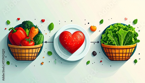 A healthy heart with fresh vegetables, salad and fruits on basket. This illustration representing the importance of healthy eating