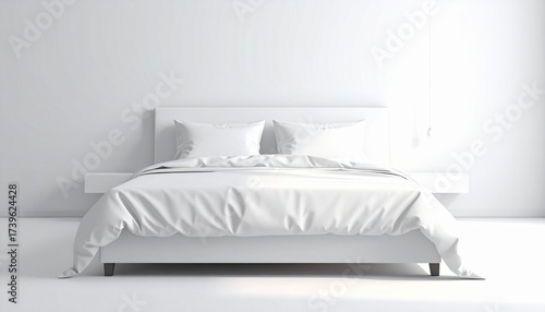 Describe a modern bedroom with white bedding, headboard, pillows, and cushions on a white floor and walls. Highlight its minimal design, serene atmosphere, and contemporary aesthetic.