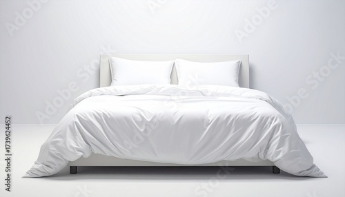 Describe a modern bedroom with white bedding, headboard, pillows, and cushions on a white floor and walls. Highlight its minimal design, serene atmosphere, and contemporary aesthetic.