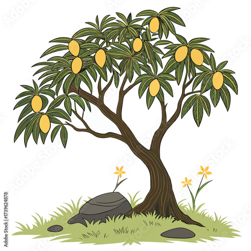 Cartoon mango tree laden with ripe yellow fruit