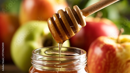 Honey Dripping From Dipper Into Jar With Apples Keywords: honey, dripping, dipper, jar, apples