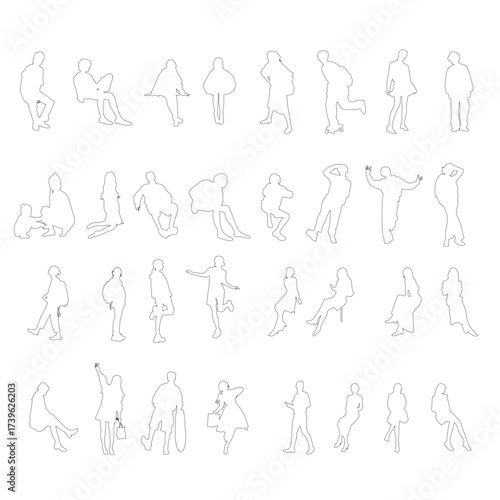 Set of 32 people in lineart style. Perfect for use in architectural outline or design presentation.