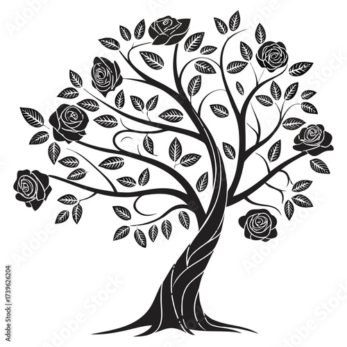 Tree Silhouette Filled with Roses and Leafy Vines