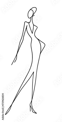 Stylized Abstract Female Fashion Figure in Elongated Pose – Modern High-Fashion Editorial Line Art