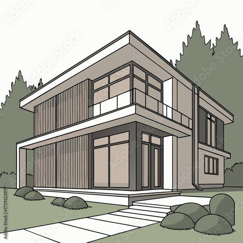 Modern two story house design with large windows and clean lines