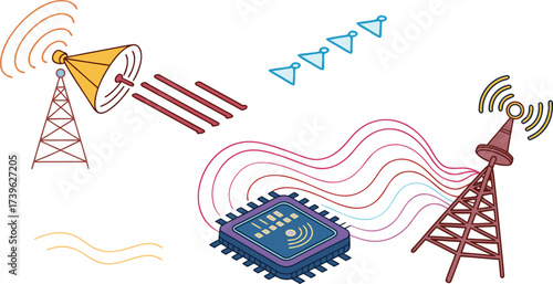 Wireless Communication Technology Illustration – Antennas, Satellite Dish, and Microchip
