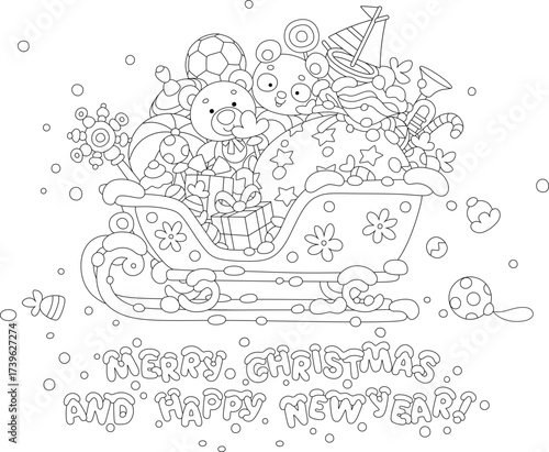 Greeting card with a magic sleigh of Santa Claus full of Christmas gifts for little children, black and white outline vector cartoon illustration for a coloring book