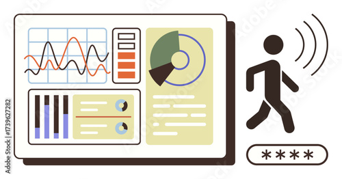 Interactive dashboard with charts, graphs, and analytics beside biometric login pad and motion-sensing icon. Ideal for technology, security, biometrics, analytics, IoT, data visualization simple