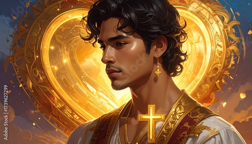 Portrait of a man with a cross, a golden heart, and intricate details