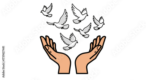Illustrative rendering portraying outstretched hands releasing doves into open freedom