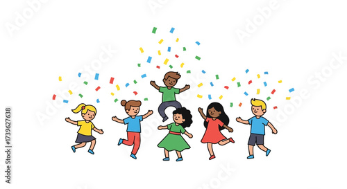 Joyful celebration of children under confetti rain displaying happiness and excitement for a