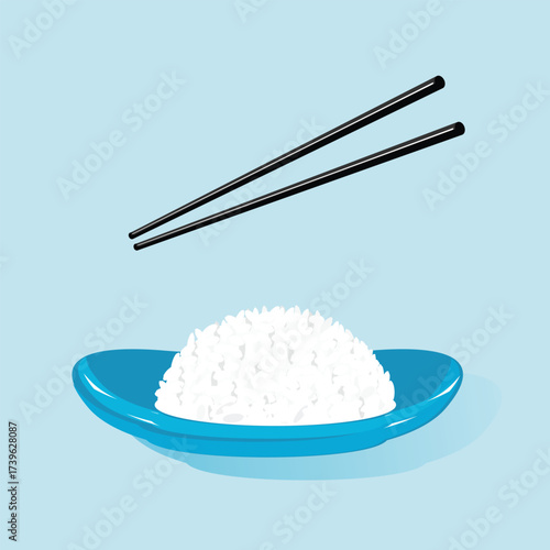 Steaming white rice on a bright blue plate with floating black chopsticks, minimalist food illustration on soft light blue background for menu, recipe card, packaging, and asian cuisine branding.
