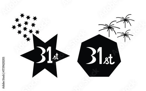 Graphic design for new year's eve with stars and fireworks on a white background