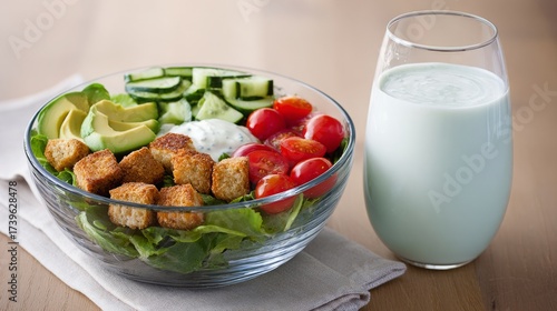 insalata, ricca, avocado, noci, pomodori, salsa, yogurt, salse, asporto, cartone, contenitore, veloce, alimento, salutare, piatti, freschi, verde, vegetariana, pranzare, cena, ortaggio, cucina, cotto