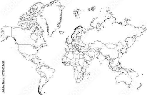 High resolution grey map of the world split into individual countries. High detail world map