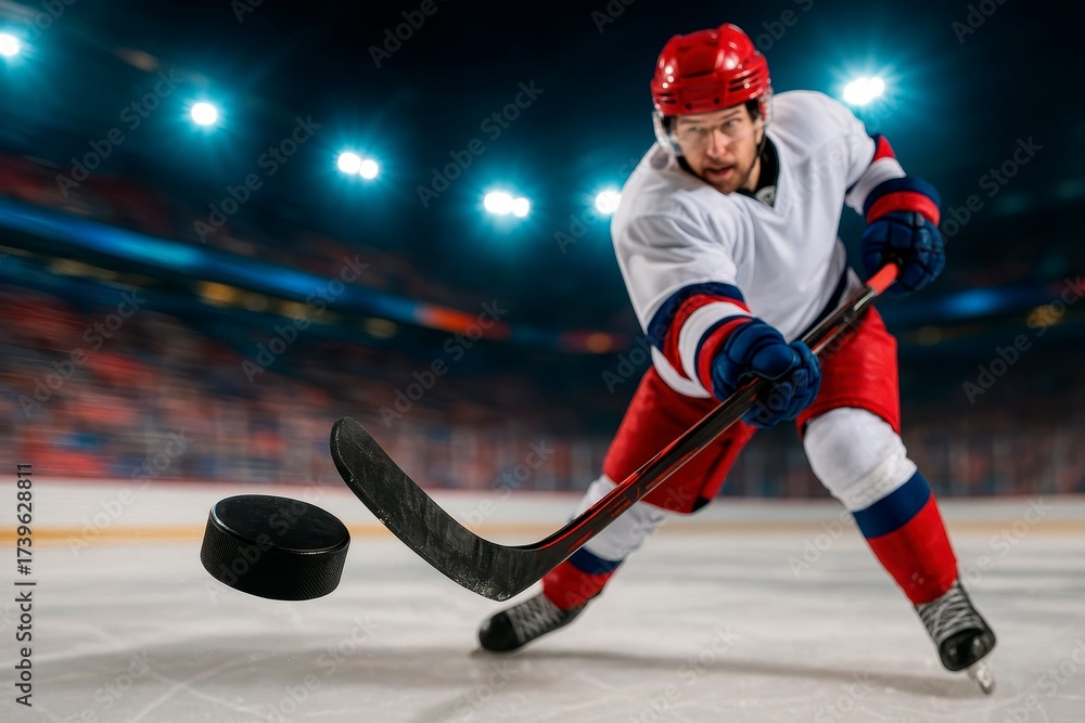 Obraz premium Ice Hockey Player Action. A focused ice hockey player in red and white uniform takes a powerful shot, sending the puck airborne on the ice rink. Dynamic action in a lit arena.