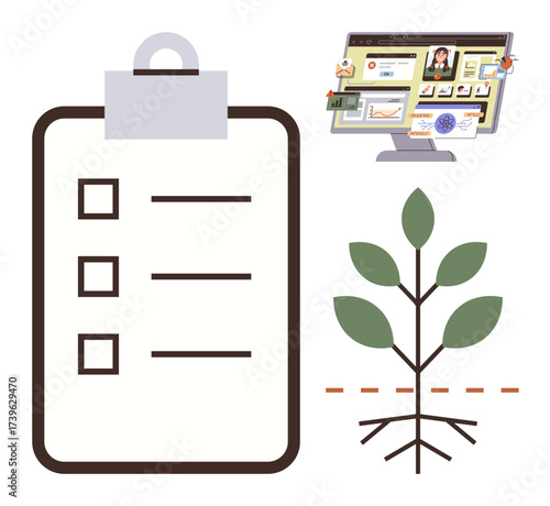 Clipboard with tasks, desktop monitor showing productivity apps, growing plant with roots. Ideal for productivity, environmental care, self-growth, goal planning, task management, education