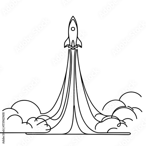 Rocket launching with smoke trail outline drawing, vector, black line drawing, minimalistic, single line, simple line, isolated, transparent background