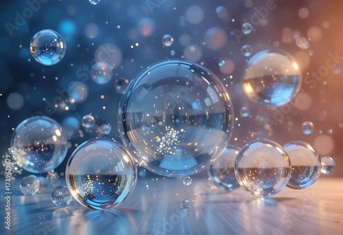 Wallpaper Mural Clear Bubbles on Reflective Surface with Blue and Gold Sparkling Dust Torontodigital.ca