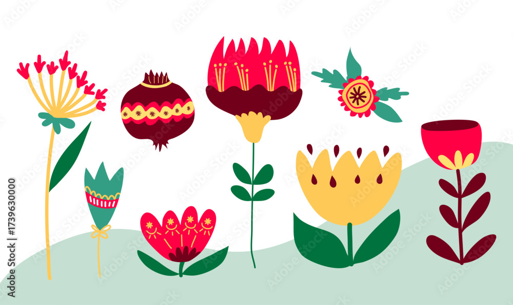 Ensemble fleurs abstraites : branches, feuilles vertes et pétales colorés. Style plat, icônes isolées. Pour projets digitaux et imprimés, emballages, cartes de vœux et affiches