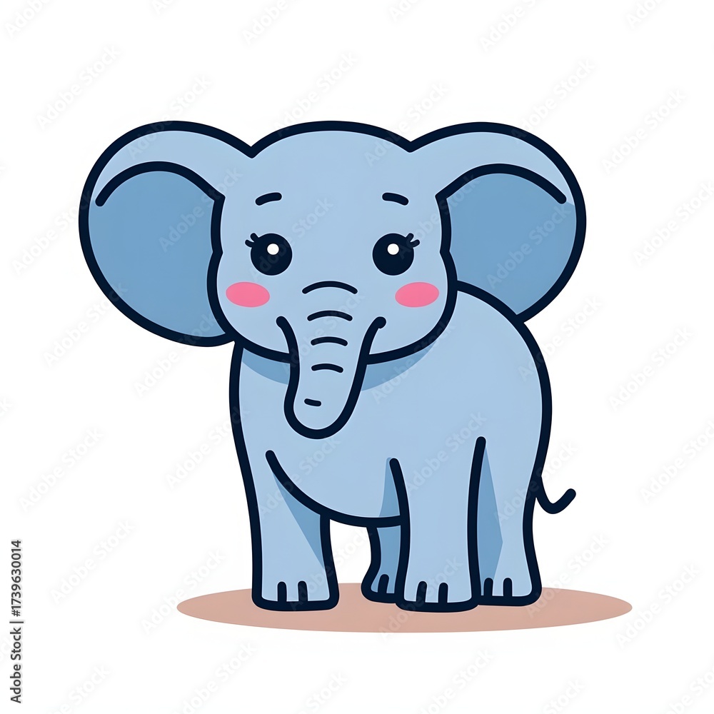 Naklejka premium Funny smiling baby elephant cartoon vector illustration, a cute and cheerful wild animal character isolated for fun safari or zoo clipart art