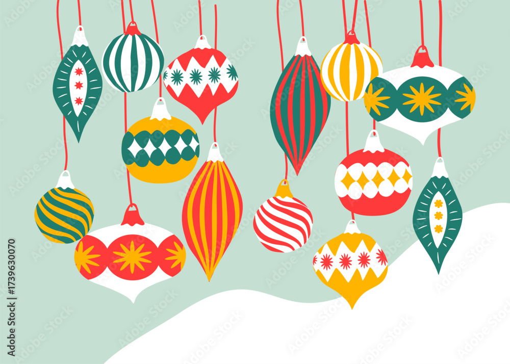 Boules de noel colorés, ornements de fin d'années minimalistes avec des rayures. Idéal pour bannière, flyer, étiquette, carte postale, promotion, autocollant, carte. Illustration vectorielle isolée.