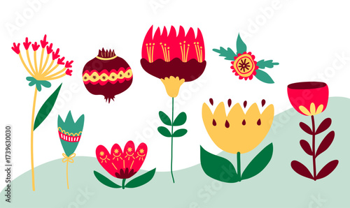 Fleurs exotiques grenade abstraite dessinées à la main, motifs floraux pour composition, cartes anniversaire, papier cadeau, couvertures, bannières, décoration d'intérieur et arrière-plans abstraits.