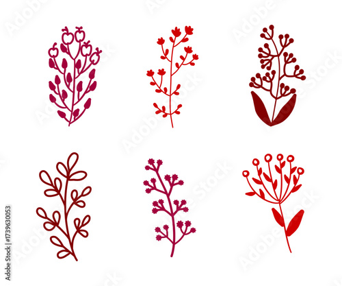 Silhouette de fleurs sauvages. Éléments floraux botaniques minimalistes, dessins monochromes de fleurs et  de branchages pour créer des compositions. Ensemble vectoriel isolé.