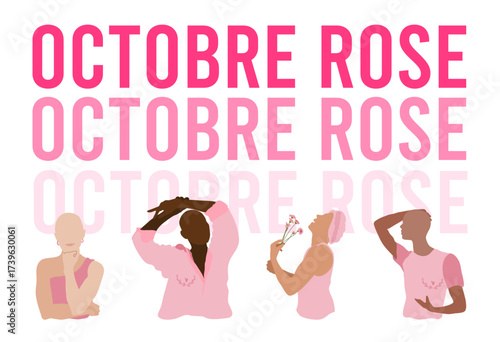 Mois de sensibilisation au cancer du sein : octobre rose, groupe de femmes de diverses origines ethniques, ruban rose de soutien. Soutien aux personnes malades. Journée mondiale contre le cancer