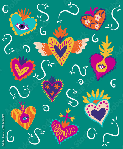 Ex-voto d'art populaire. Collection d'illustrations de cœurs sacrés mexicains colorés avec des motifs abstrait et des yeux, des motifs de flammes, d'ailes et de plantes.