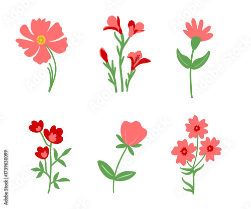Ensemble de fleurs dans les tons rose, illustration floral romantique dessinées à la main, isolée sur fond blanc pour carte, faire-part de mariage, saint Valentin, anniversaire, composition diverses