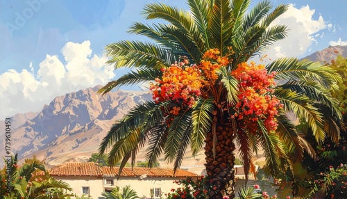 Lush Date Palm Laden with Ripe Orange Fruit Against a Majestic Mountain Backdrop.