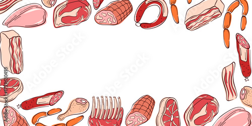 Border frame with different meat cuts in flat style. Perfect for butcher shop design, restaurant menu, culinary book or background in food related illustration.