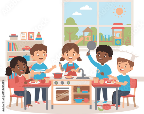 Children play cooking in a toy kitchen with pots and pans, creating a fun and imaginative scene in a brightly lit playroom.