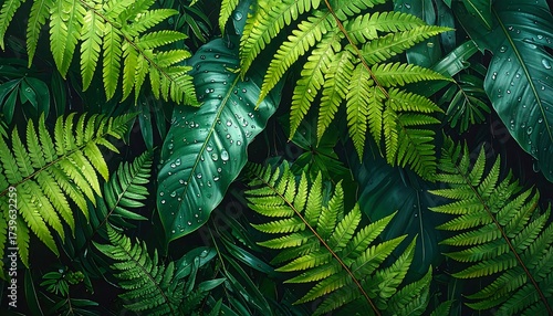 Lush Emerald Ferns and Tropical Foliage in Moody, Deep Green Forest Canopy.