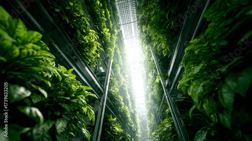 Lush green plants thrive in a vertical farming system, illuminated by bright light filtering through the infrastructure, creating a sense of growth and sustainability within the agricultural setting