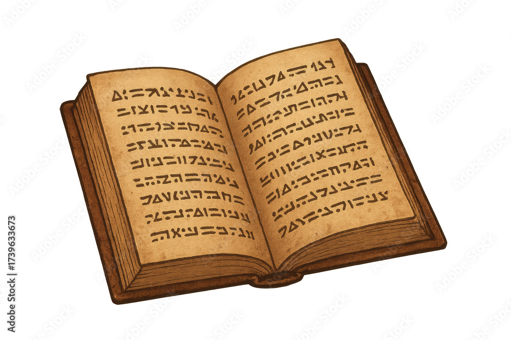 Obraz premium Ancient grimoire open showing mystical archaic script